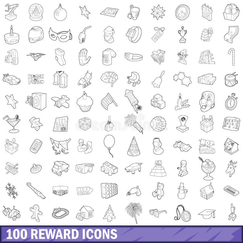 100 reward icons set in outline style for any design vector illustration. 100 reward icons set in outline style for any design vector illustration