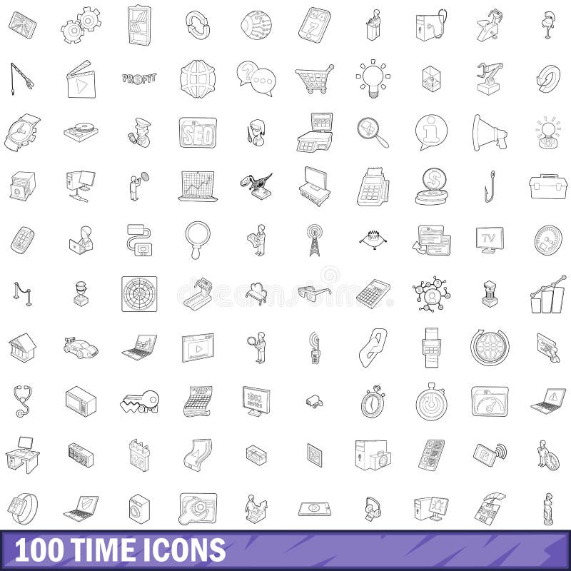 100 time icons set in outline style for any design vector illustration. 100 time icons set in outline style for any design vector illustration
