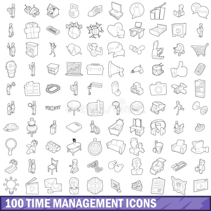 100 time management icons set in outline style for any design vector illustration. 100 time management icons set in outline style for any design vector illustration