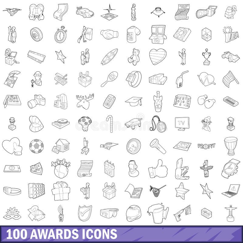 100 award icons set in outline style for any design vector illustration. 100 award icons set in outline style for any design vector illustration