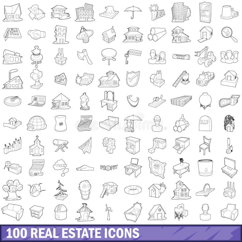 100 real estate icons set in outline style for any design vector illustration. 100 real estate icons set in outline style for any design vector illustration