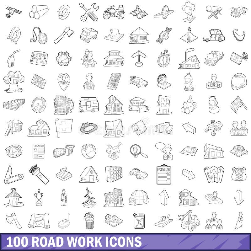 100 road work icons set in outline style for any design vector illustration. 100 road work icons set in outline style for any design vector illustration
