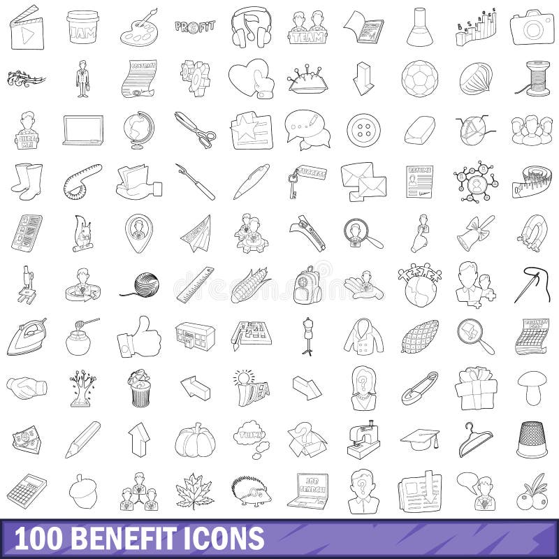 100 benefit icons set in outline style for any design vector illustration. 100 benefit icons set in outline style for any design vector illustration