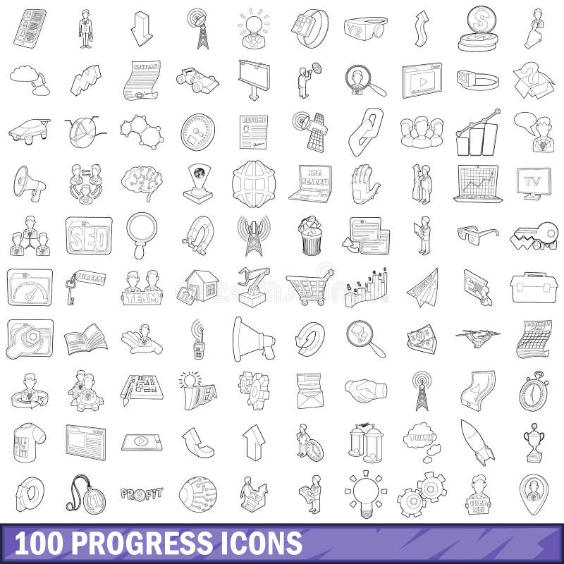 100 progress icons set in outline style for any design vector illustration. 100 progress icons set in outline style for any design vector illustration