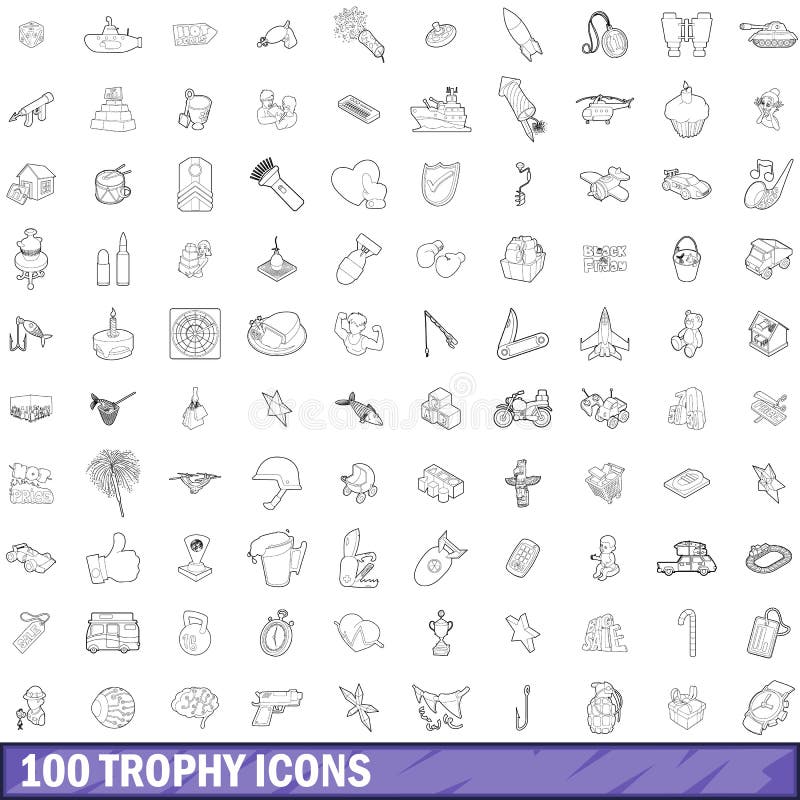 100 trophy icons set in outline style for any design vector illustration. 100 trophy icons set in outline style for any design vector illustration