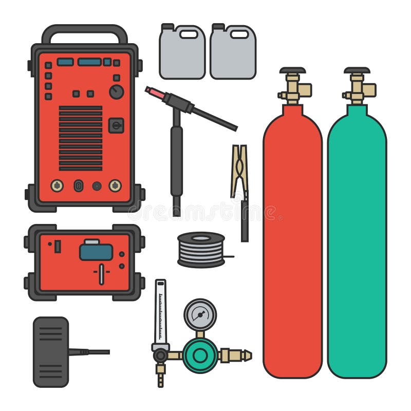 Set of vector illustration gas welding argon machine with regulator tank torch for industrial construction and metal working flat design style. Set of vector illustration gas welding argon machine with regulator tank torch for industrial construction and metal working flat design style