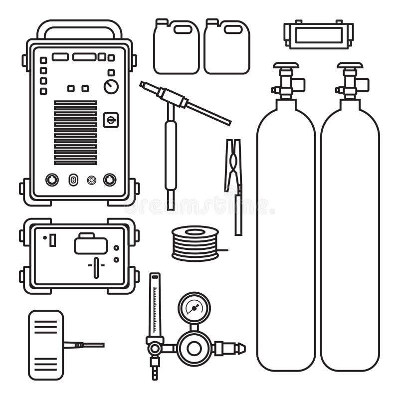 Set of  illustration gas welding argon machine with regulator tank torch for industrial construction and metal working flat design style silhouette. Set of  illustration gas welding argon machine with regulator tank torch for industrial construction and metal working flat design style silhouette