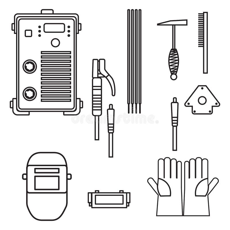 Set of vector illustration welding arc equipment machine glove helmet holder hammer for industrial construction and metal working flat silhouette design style. Set of vector illustration welding arc equipment machine glove helmet holder hammer for industrial construction and metal working flat silhouette design style