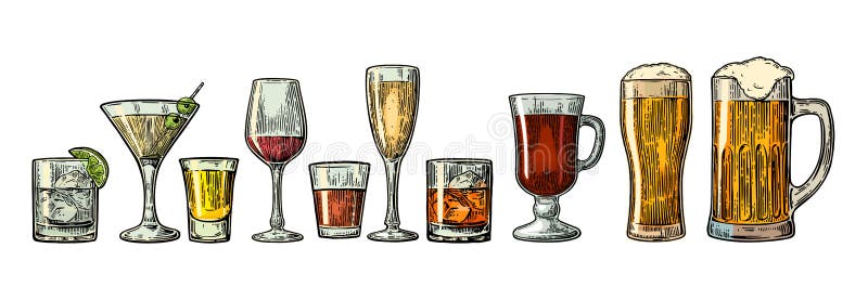 Set glass beer, whiskey, wine, gin, rum, tequila, cognac, champagne, cocktail and grog. Vector engraved color vintage illustration isolated on white background. Set glass beer, whiskey, wine, gin, rum, tequila, cognac, champagne, cocktail and grog. Vector engraved color vintage illustration isolated on white background