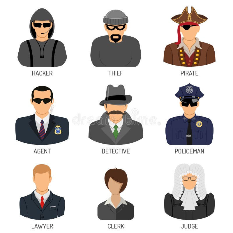 Set Vector Characters of Criminals and Law Enforcers Flat Icons for Poster, Web Site, Advertising Like Thief, Policeman, Lawyer, Judge, Hacker, Agent, Detective. Set Vector Characters of Criminals and Law Enforcers Flat Icons for Poster, Web Site, Advertising Like Thief, Policeman, Lawyer, Judge, Hacker, Agent, Detective.