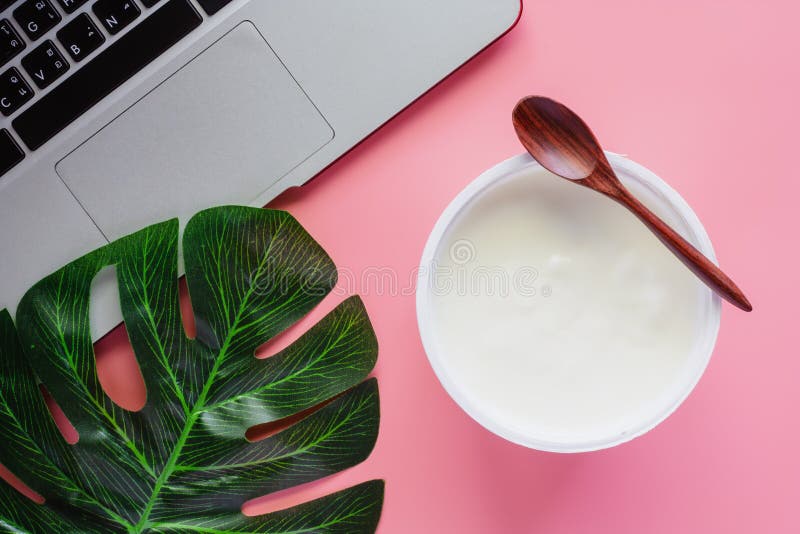 Установите югурт с естественным вкусом, деревянную ложку, зеленые лист ладони a стоковое изображение rf Установите югурт с естественным вкусом, деревянную ложку, зеленые лист ладони a стоковое изображение rf