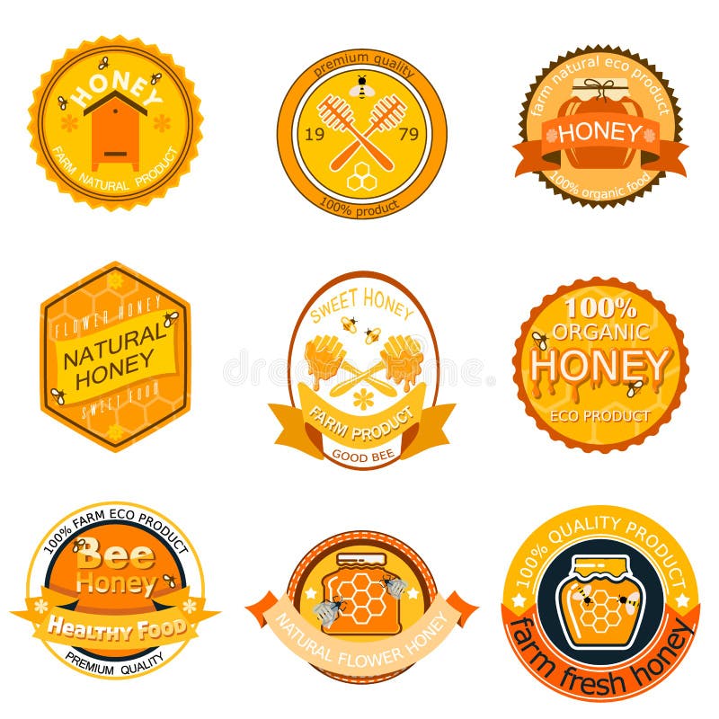 Set bee logo labels for honey logo products organic farm emblem natural sweet product hight quality healthy food vector illustration. farming yellow hive bio sticker nectar. Set bee logo labels for honey logo products organic farm emblem natural sweet product hight quality healthy food vector illustration. farming yellow hive bio sticker nectar.