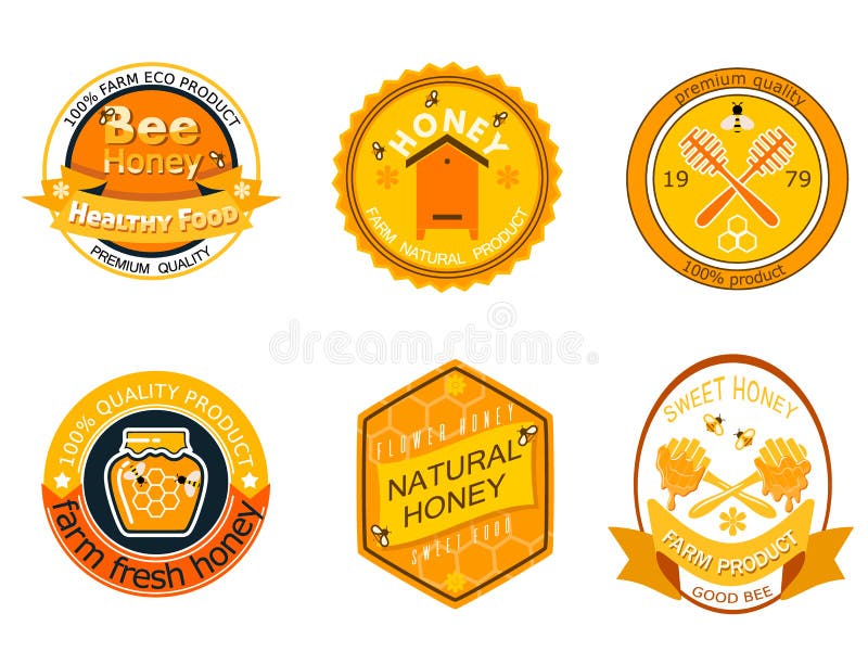 Set bee logo labels for honey logo products organic farm emblem natural sweet product hight quality healthy food vector illustration. farming yellow hive bio sticker nectar. Set bee logo labels for honey logo products organic farm emblem natural sweet product hight quality healthy food vector illustration. farming yellow hive bio sticker nectar.