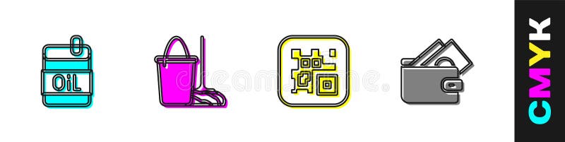 установить бутылку оливкового масла шва и ведро QR код и кошелек с деньгами значок. вектор бесплатная иллюстрация