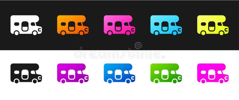 установить значок автомобиля rv, изолированный на черно-белом фоне. мобильная домашняя мобильная машина для летнего путешествия иллюстрация вектора