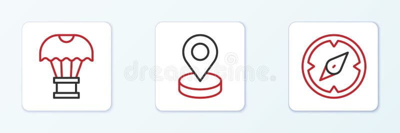 установить компас линии, летящий по парашюту и значку расположения. вектор иллюстрация вектора