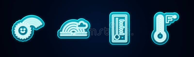 Установить линию Радуга с солнечным облаком. Неоновый значок. Вектор иллюстрация штока
