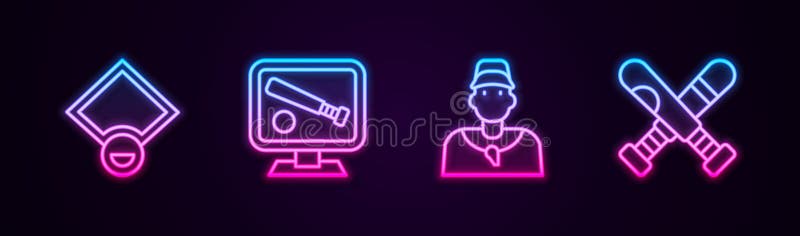 Установить монитор бейсбольного поля с тренером бейсбольной игры и перекрёстной битой. Неоновый значок. Вектор бесплатная иллюстрация