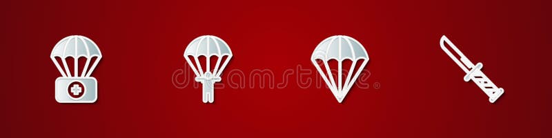 Установить парашют с боковой аптечкой и военным значком ножа. Вектор иллюстрация вектора