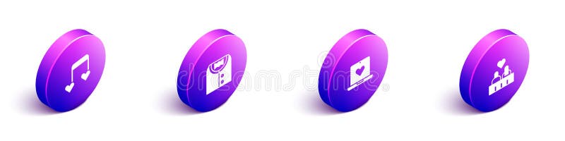 установить тон изометрической ноты с приложением для знакомств hearts suit в сети и значком влюбленности. вектор иллюстрация штока