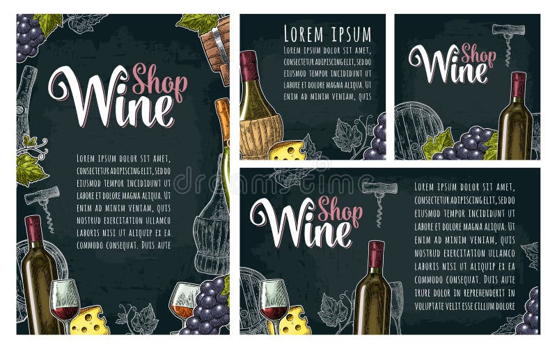 Set horizontal, vertical and square posters or labels for wine. Bottle, glass, barrel, cheese, bunch of grapes with berry. Vector engraving vintage illustration on dark background. Set horizontal, vertical and square posters or labels for wine. Bottle, glass, barrel, cheese, bunch of grapes with berry. Vector engraving vintage illustration on dark background.