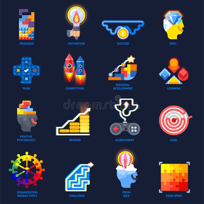 Установленные значки мотивировки Gamification плоские иллюстрация штока Установленные значки мотивировки Gamification плоские иллюстрация штока
