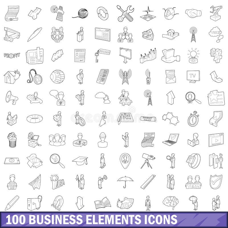 100 business elements icons set in outline style for any design illustration. 100 business elements icons set in outline style for any design illustration