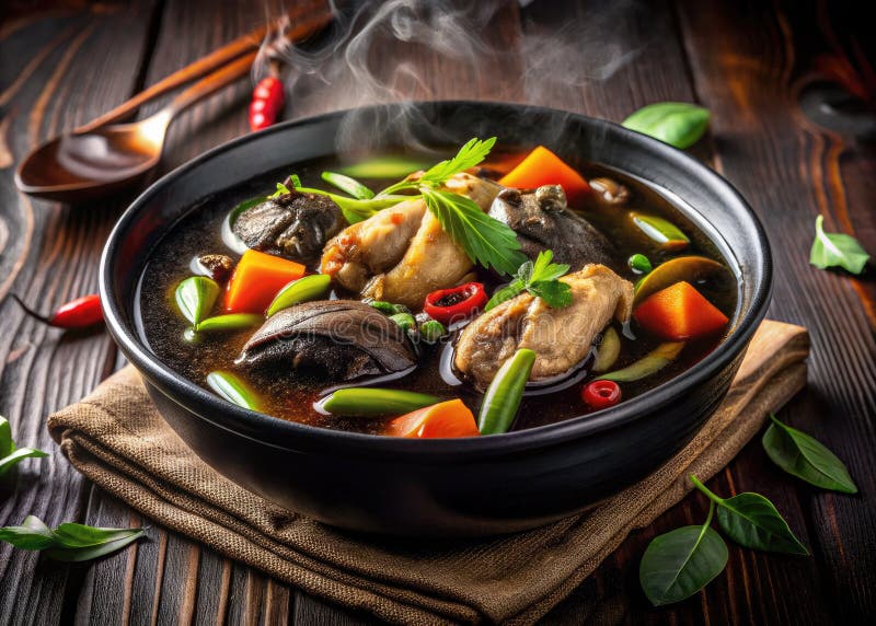 Утешительный Черный Куриный Стью Рецепт Легкий Вкусный и Темно богатый домашний суп для осени и зимы иллюстрация штока