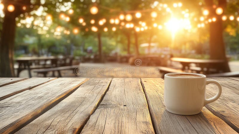 Утренний кофе Break Cup на деревенский стол на открытом воздухе кафе Tranquil зеленый вид Золотой солнечный свет. бесплатная иллюстрация
