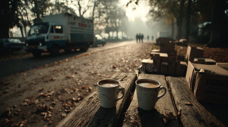 Утро тумана Гараж Продажа Настройка с кофе чашки на деревянном столе и коробки рядом иллюстрация штока