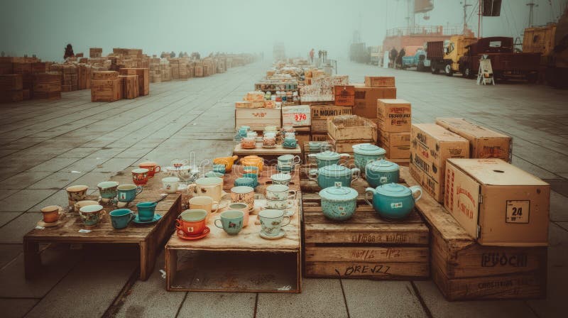 Утро тумана Гараж Продажа Настройка с красочные Винтаж Предметы в уникальном месте бесплатная иллюстрация