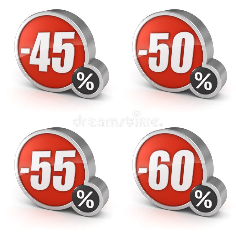 45%, 50%, 55%, 60% discount percentage 3d sale icons set. Isolated on white background with clipping path. 45%, 50%, 55%, 60% discount percentage 3d sale icons set. Isolated on white background with clipping path.