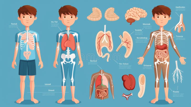 An educational anatomy body organ chart for kids. Illustration of a muscular, skeletal, circulatory, nervous, and digestive system of a cartoon little boy. AI generated. An educational anatomy body organ chart for kids. Illustration of a muscular, skeletal, circulatory, nervous, and digestive system of a cartoon little boy. AI generated