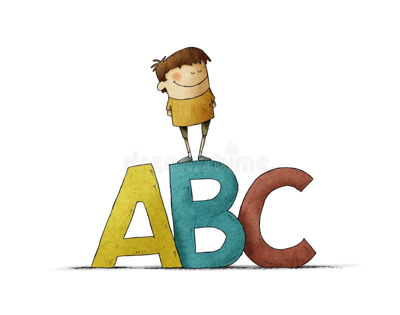 Learning letters in childhood. Very colorful illustration of a boy climbed on top of some big letters A B C. Isolated. Learning letters in childhood. Very colorful illustration of a boy climbed on top of some big letters A B C. Isolated