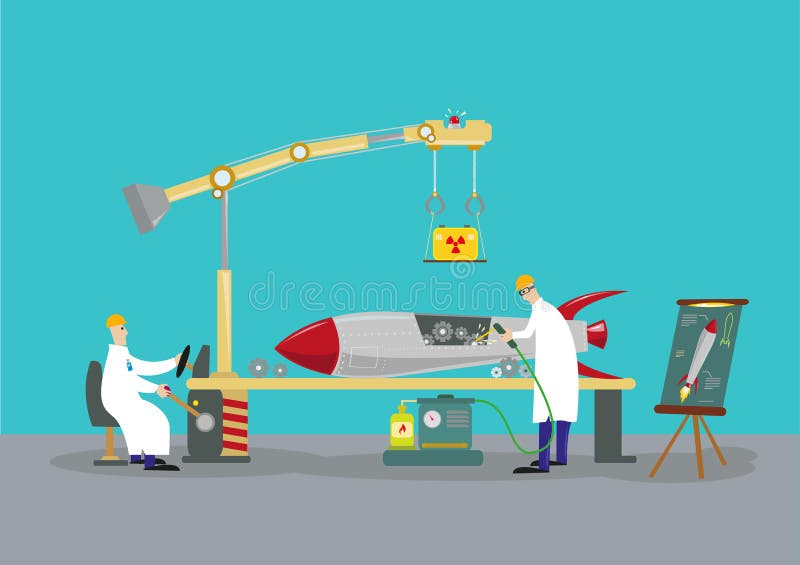 Ученые работая на боеголовке ракеты ракеты Концепция обратного проектирования иллюстрация вектора Ученые работая на боеголовке ракеты ракеты Концепция обратного проектирования иллюстрация вектора