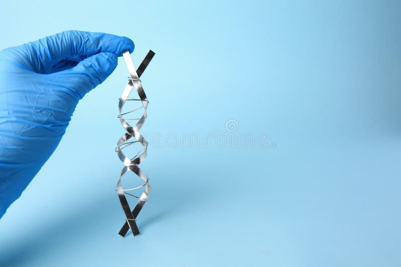 ученый с молекулярной цепной моделью dna, сделанной из металла на светло-синем фоне. пробел для текста стоковое изображение