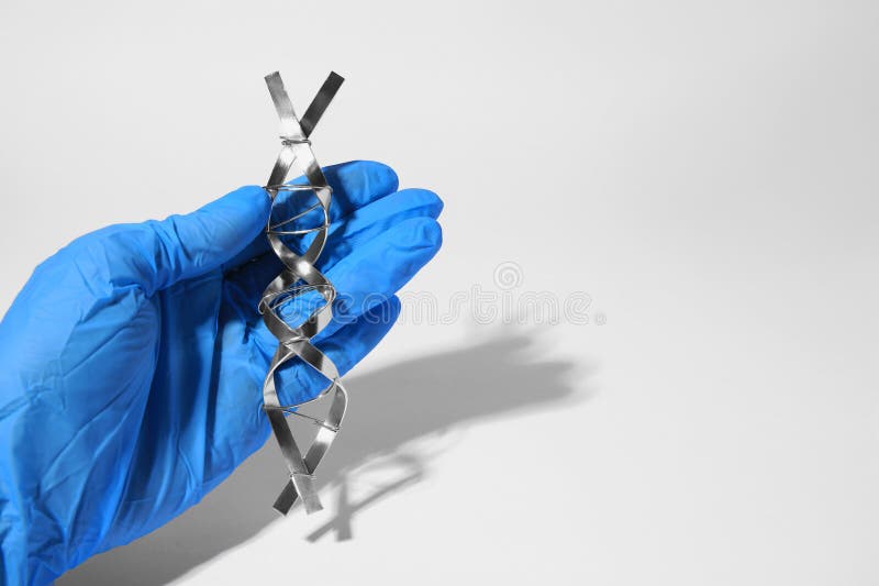 ученый с молекулярной цепочкой dna, изготовленной из металла на белом фоне. пробел для текста стоковая фотография