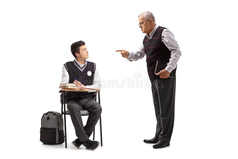 Teacher scolding a teenage student seated in a school chair isolated on white background. Teacher scolding a teenage student seated in a school chair isolated on white background