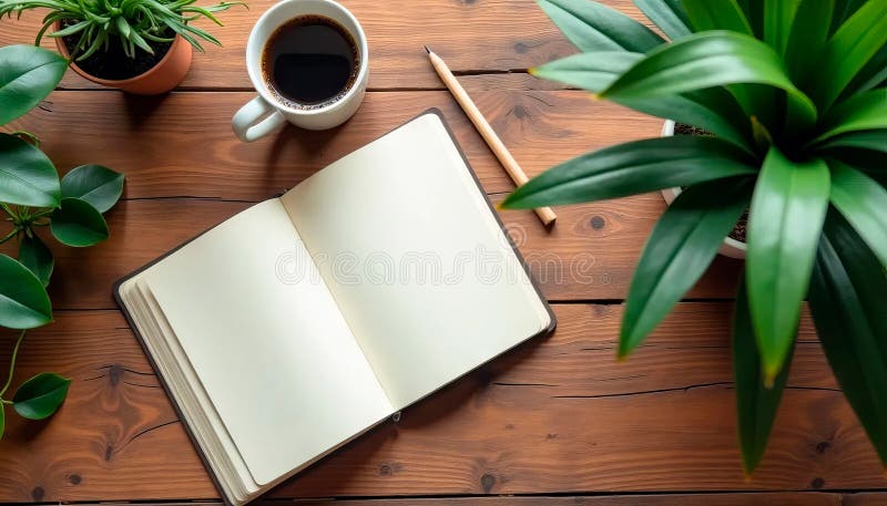 Уютное уютное рабочее место с деревянным столом с открытой записной книжкой, карандашом, чашкой кофе и горшечными растениями иллюстрация штока