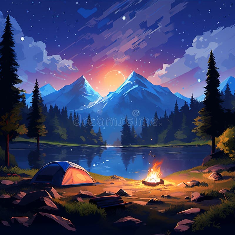 Immerse yourself in the wonders of the great outdoors with this captivating image of a cozy campsite nestled under a starry sky. The flickering campfire adds warmth and ambiance to the scene, fostering a sense of peace and camaraderie among fellow campers. Various tents and camping equipment are scattered around, showcasing the diverse range of camping experiences and styles, from traditional designs to quirky and unconventional setups. The natural beauty of the surroundings is highlighted, with lush trees, majestic mountains, or a serene lake serving as the backdrop, truly capturing the essence of adventure in the wilderness. The art style is realistic, with vibrant colors and meticulous attention to detail, ensuring the image&#x27;s professional and marketable appeal, perfect for microstock sites. AI generated. Immerse yourself in the wonders of the great outdoors with this captivating image of a cozy campsite nestled under a starry sky. The flickering campfire adds warmth and ambiance to the scene, fostering a sense of peace and camaraderie among fellow campers. Various tents and camping equipment are scattered around, showcasing the diverse range of camping experiences and styles, from traditional designs to quirky and unconventional setups. The natural beauty of the surroundings is highlighted, with lush trees, majestic mountains, or a serene lake serving as the backdrop, truly capturing the essence of adventure in the wilderness. The art style is realistic, with vibrant colors and meticulous attention to detail, ensuring the image&#x27;s professional and marketable appeal, perfect for microstock sites. AI generated