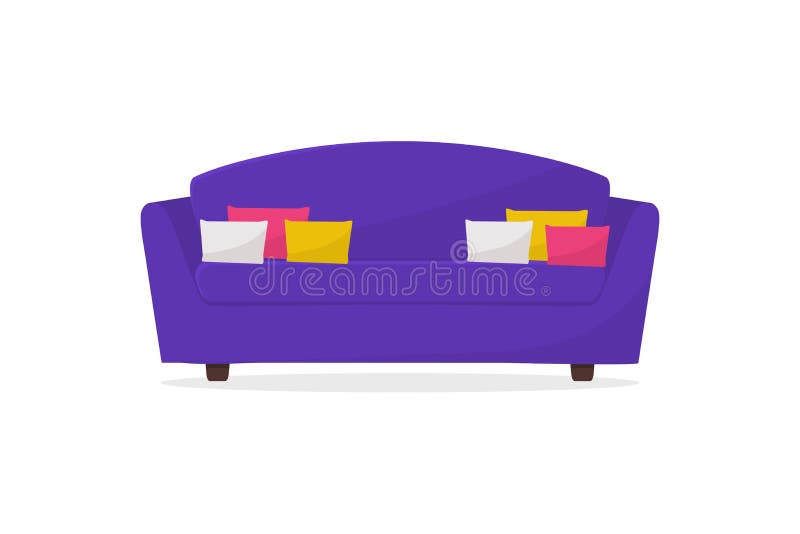 Cozy purple sofa. Comfortable couch with pillows. Furniture for living room. Home interior element. Flat vector design. Cozy purple sofa. Comfortable couch with pillows. Furniture for living room. Home interior element. Flat vector design.