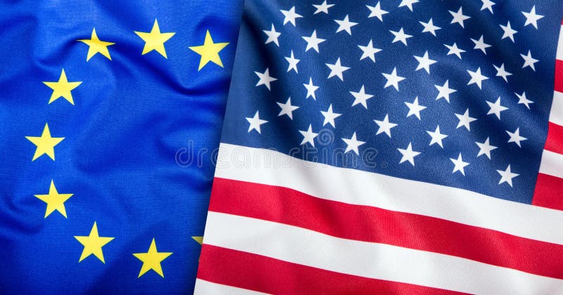 Flags of the USA and the European Union. American Flag and EU Flag. Flag inside stars. World flag concept. Flags of the USA and the European Union. American Flag and EU Flag. Flag inside stars. World flag concept.