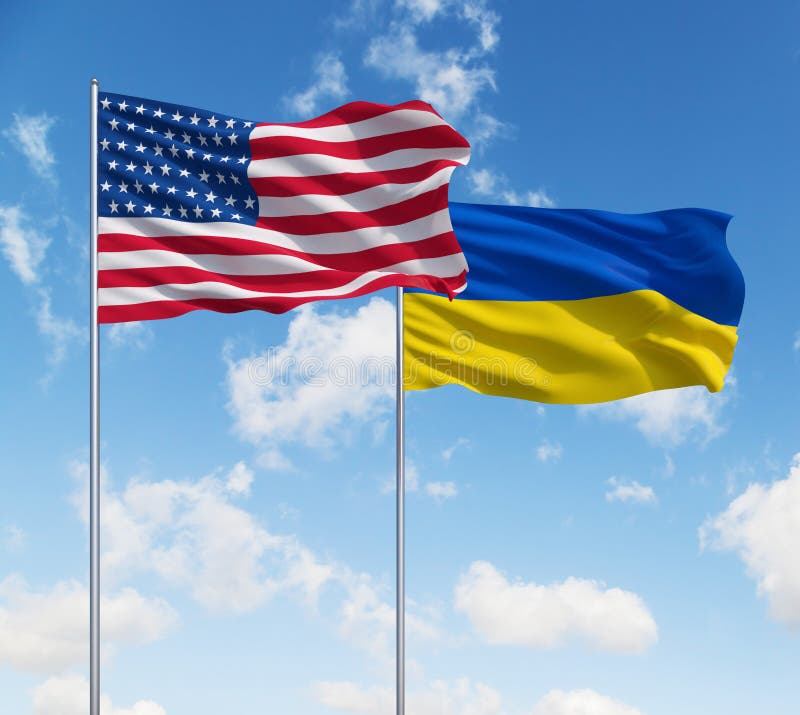 Two flags of usa and Ukraine on a sky background. Two flags of usa and Ukraine on a sky background