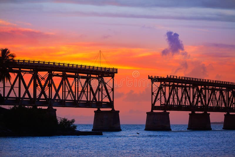 Florida Keys old bridge sunset at Bahia Honda Park in USA. Florida Keys old bridge sunset at Bahia Honda Park in USA