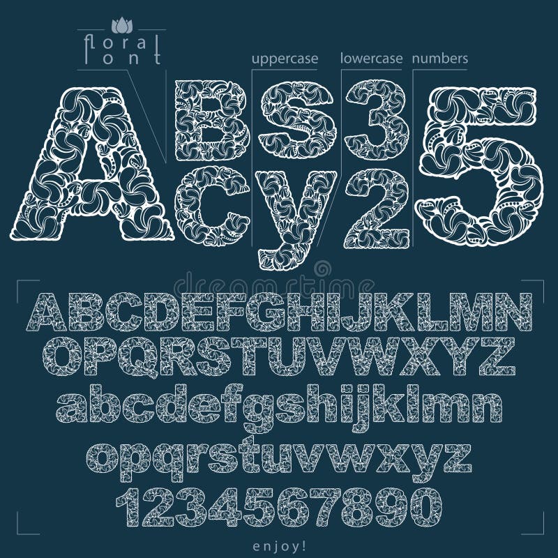 Флористические письма и номера Sans Serif алфавита нарисованные используя abstr иллюстрация штока Флористические письма и номера Sans Serif алфавита нарисованные используя abstr иллюстрация штока