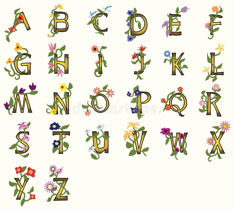 Pretty capital fonts decorated with vines, flowers, leaves. Pretty capital fonts decorated with vines, flowers, leaves