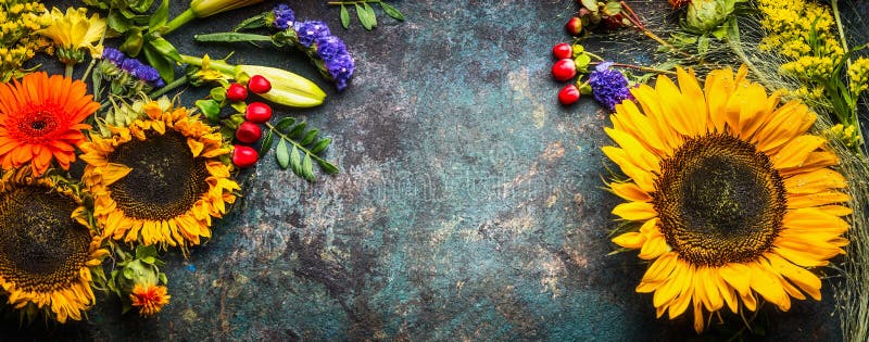 Флористическое украшение с солнцецветами и цветками и листьями падения на темной винтажной предпосылке, взгляд сверху стоковая фотография Флористическое украшение с солнцецветами и цветками и листьями падения на темной винтажной предпосылке, взгляд сверху стоковая фотография
