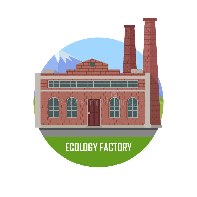 Ecology factory. Green manufacturing and producing. Eco plant icon in flat style. Environmentally friendly factory. Retailer of organic natural healthy products. Modern building of the factory. Vector. Ecology factory. Green manufacturing and producing. Eco plant icon in flat style. Environmentally friendly factory. Retailer of organic natural healthy products. Modern building of the factory. Vector