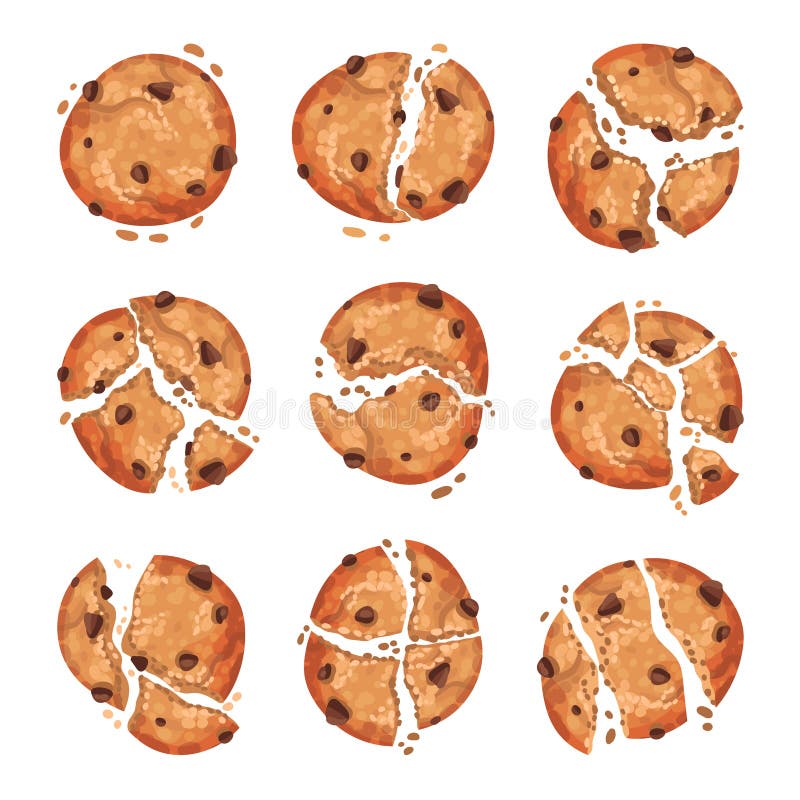 Файлы cookie овсяной кашей с мякишами шоколада изолированными на белом наборе вектора фона иллюстрация штока