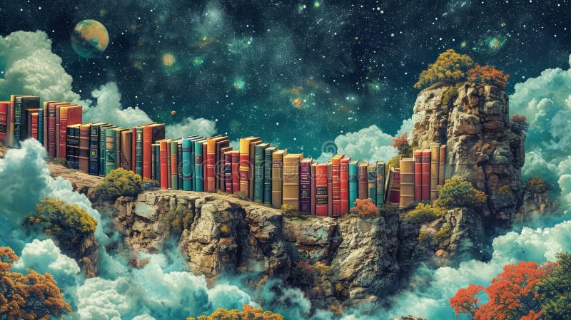фантастический пейзаж с книгами в горах 3d иллюстрация. аи иллюстрация штока
